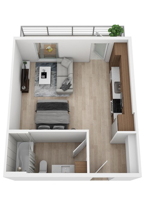 a stylized floor plan of a small apartment with a bedroom and living room
